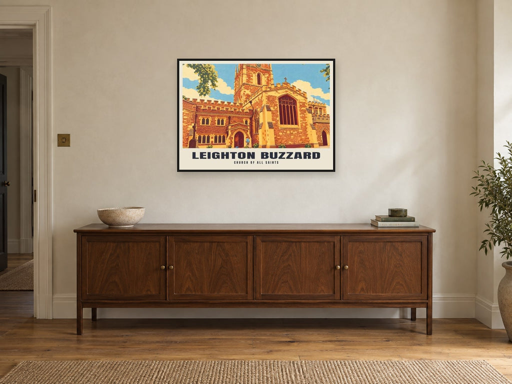 Church of All Saints, Leighton Buzzard Poster at A1, in a black frame, above a sideboard