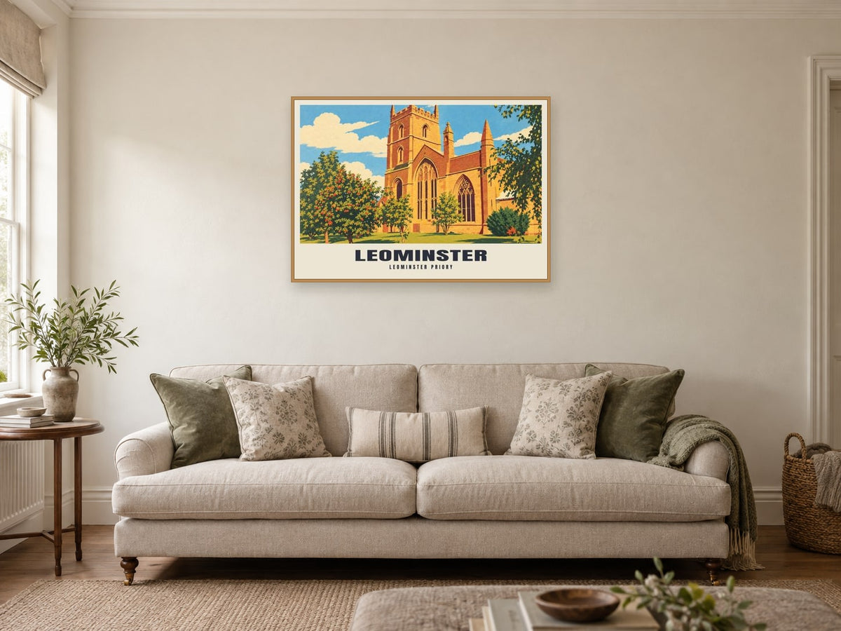 Leominster Priory Poster at A1, in a natural wood frame, in a sitting room