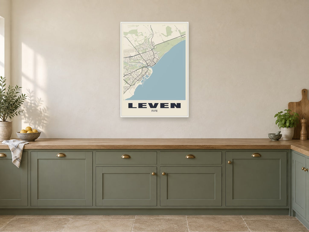 Leven Street Map Poster at A1, in a white frame, in a kitchen