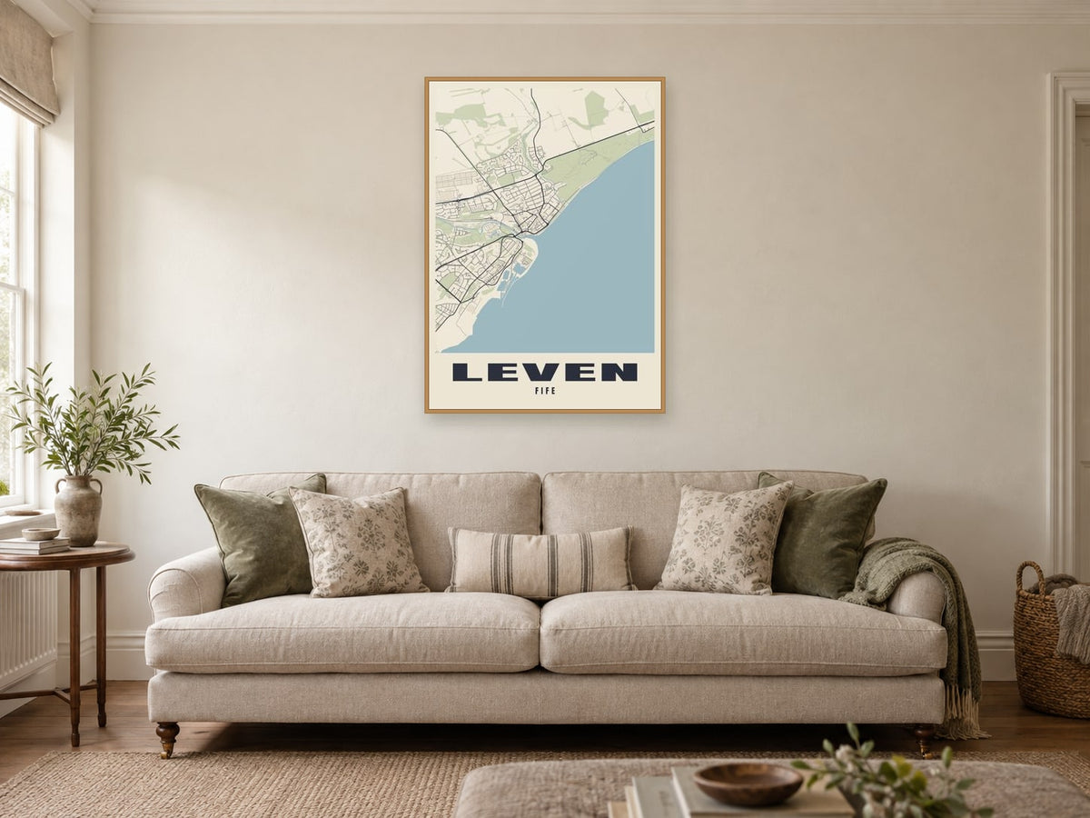 Leven Street Map Poster at A1, in a natural wood frame, in a sitting room