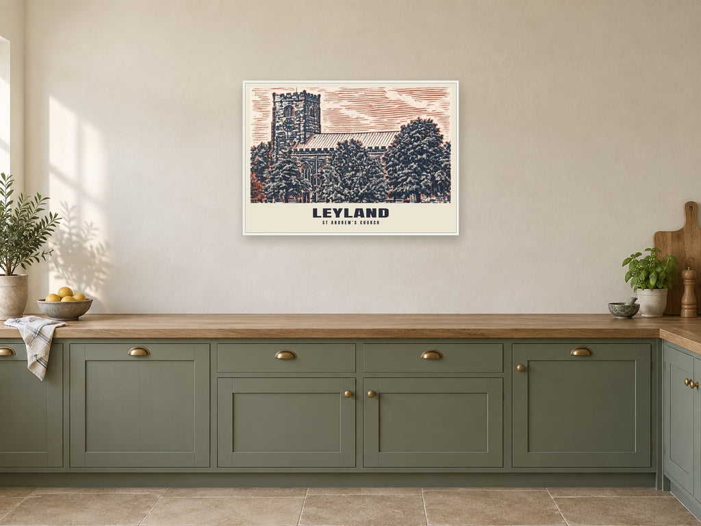 St Andrew’s Church, Leyland Poster at A1, in a white frame, in a kitchen