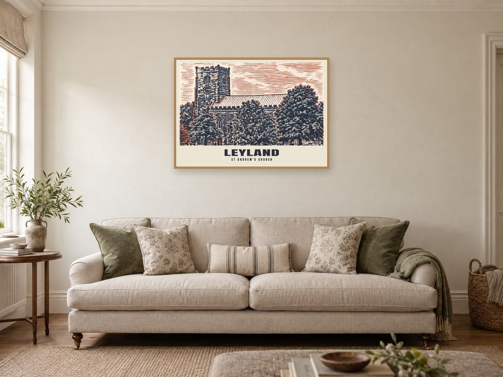 St Andrew’s Church, Leyland Poster at A1, in a natural wood frame, in a sitting room