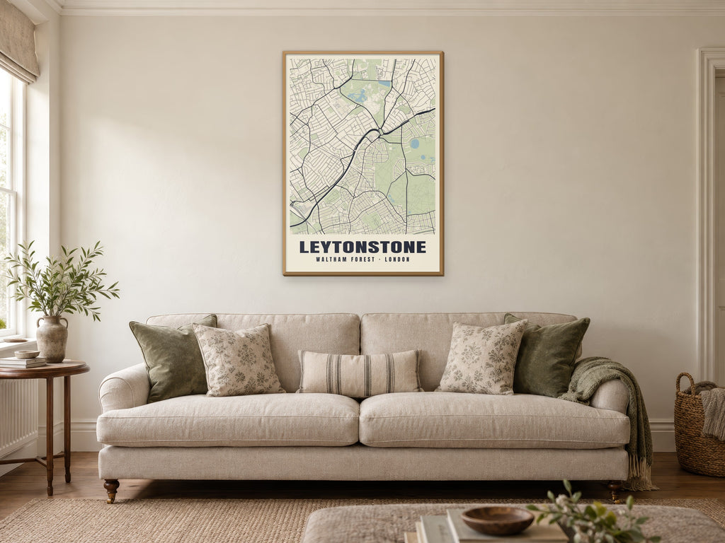 Leytonstone Heritage Street Map Poster at A1, in a natural wood frame, in a sitting room