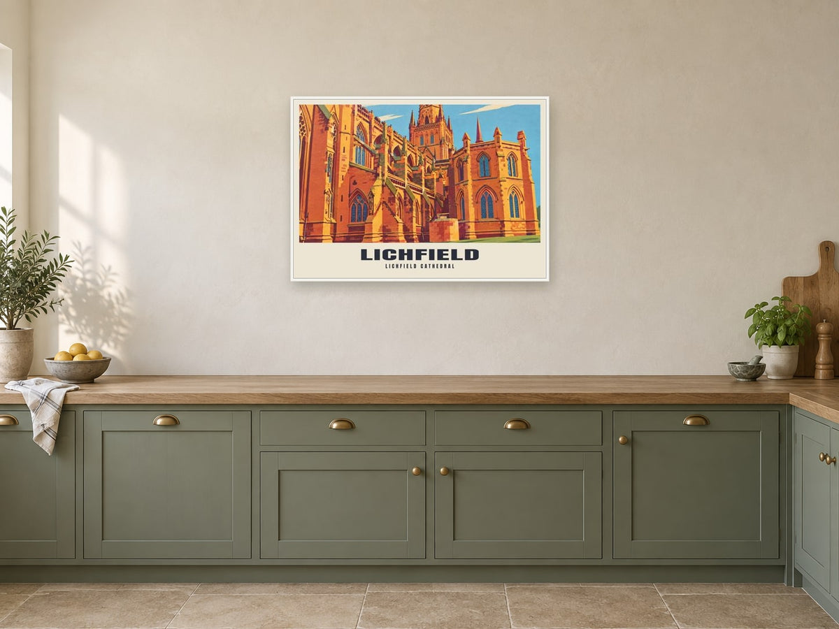 Lichfield Cathedral Poster at A1, in a white frame, in a kitchen
