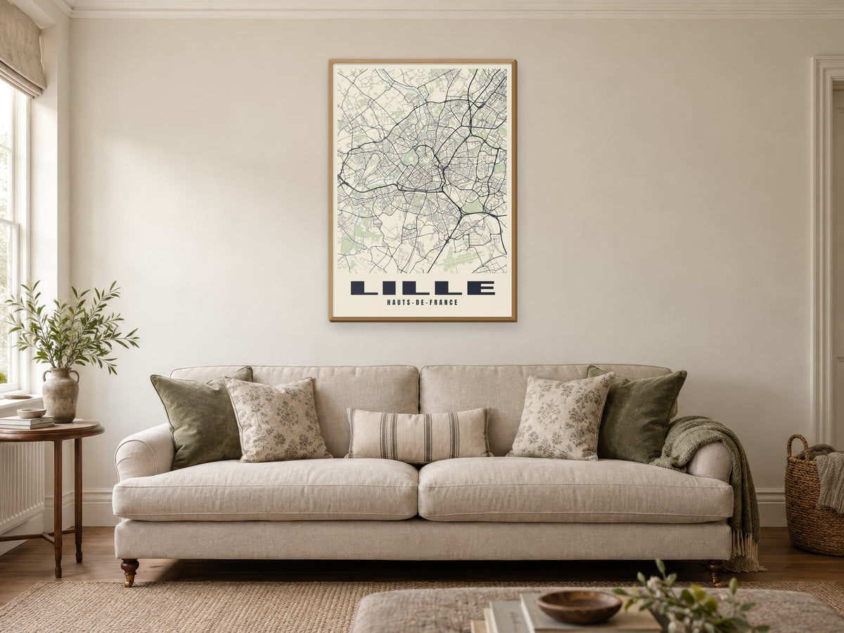 Lille Street Map Poster at A1, in a natural wood frame, in a sitting room