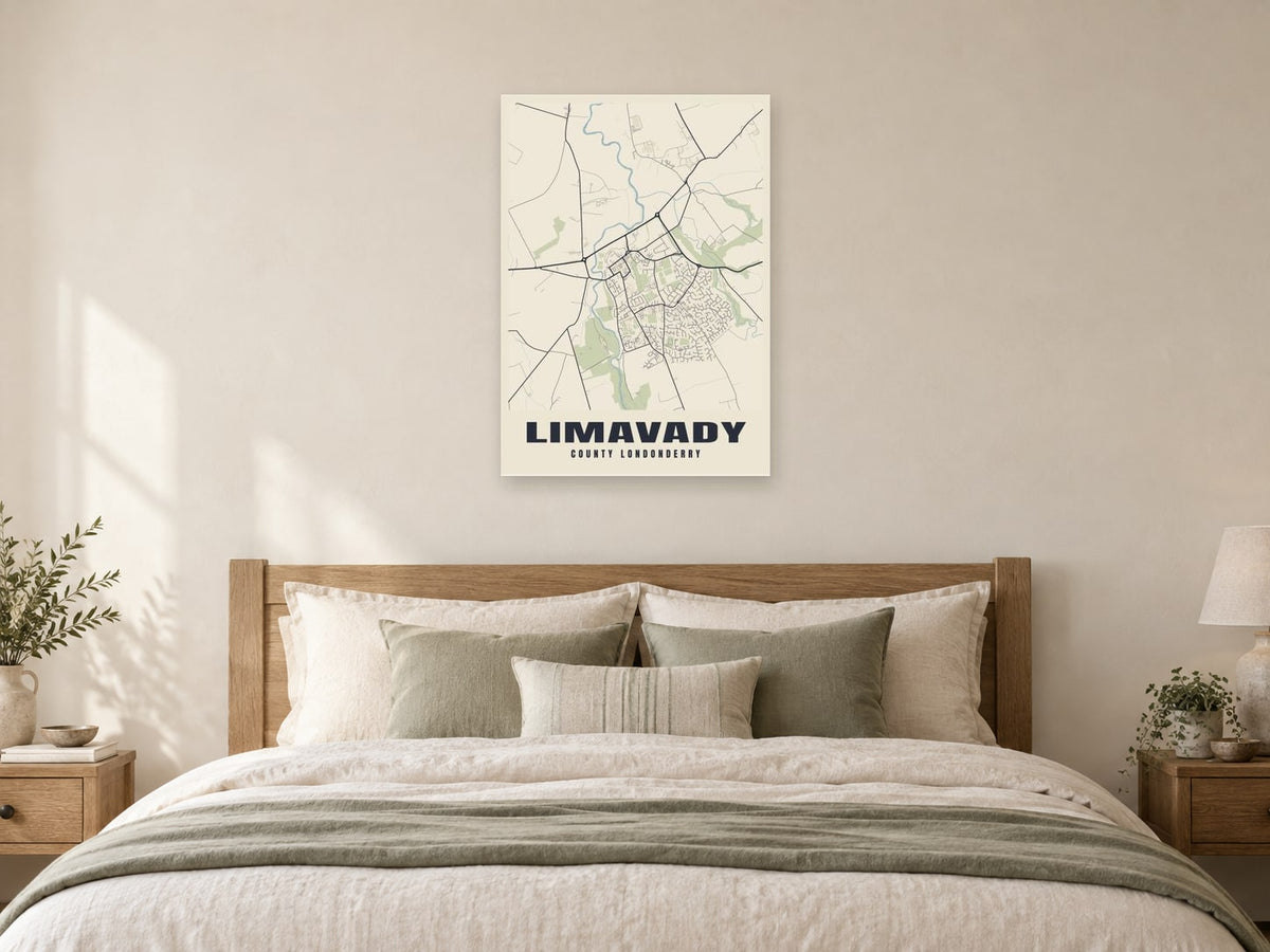 Limavady Street Map Poster at A1, as a poster, above a bed