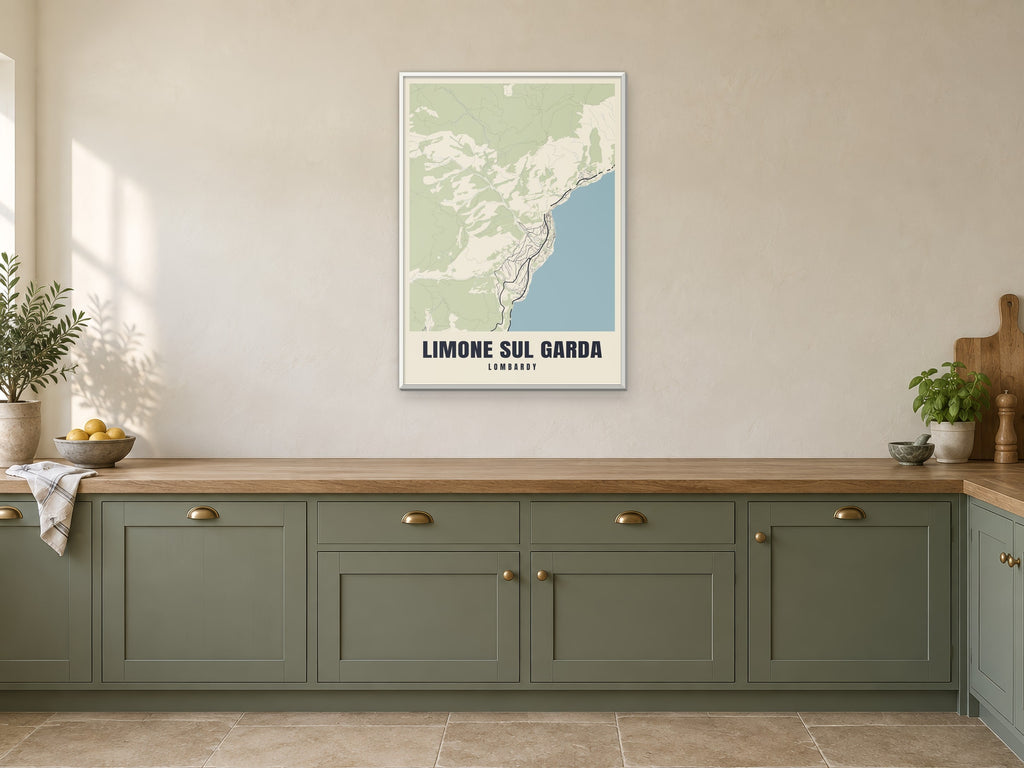Limone sul Garda Street Map Poster at A1, in a white frame, in a kitchen
