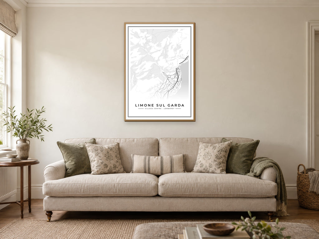 Limone sul Garda Village Centre Street Map Poster at A1, in a natural wood frame, in a sitting room