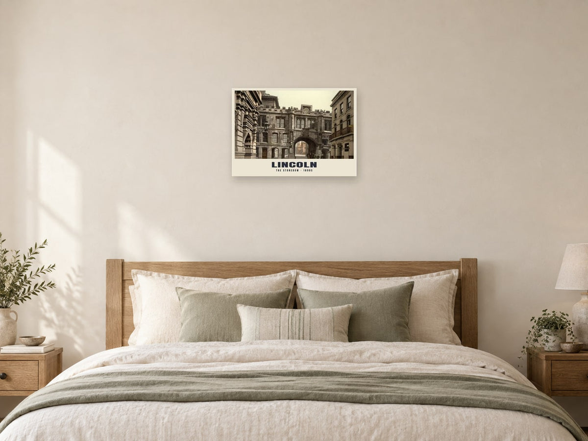 The Stonebow, Lincoln, 1890s Heritage Print at A2, as a poster, above a bed
