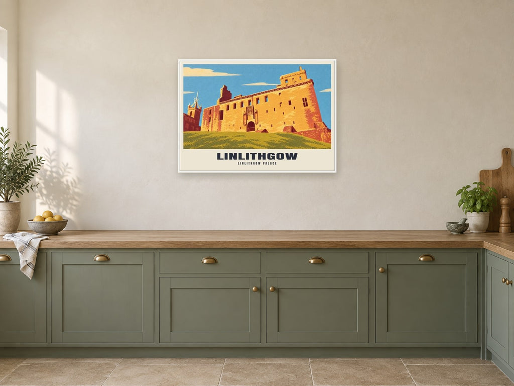 Linlithgow Palace Poster at A1, in a white frame, in a kitchen