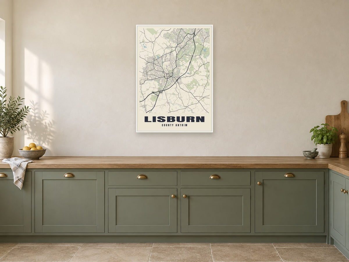 Lisburn Street Map Poster at A1, in a white frame, in a kitchen
