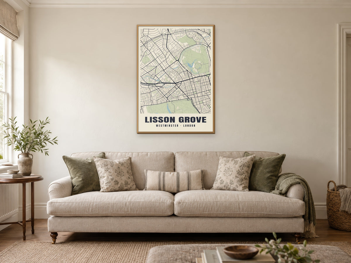 Lisson Grove Heritage Street Map Poster at A1, in a natural wood frame, in a sitting room