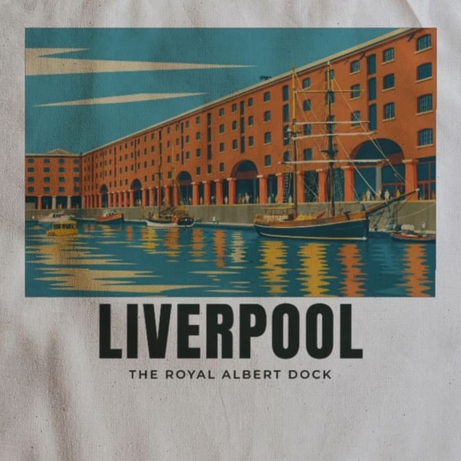 Close-up of the The Royal Albert Dock, Liverpool drawing and lettering printed on natural cotton