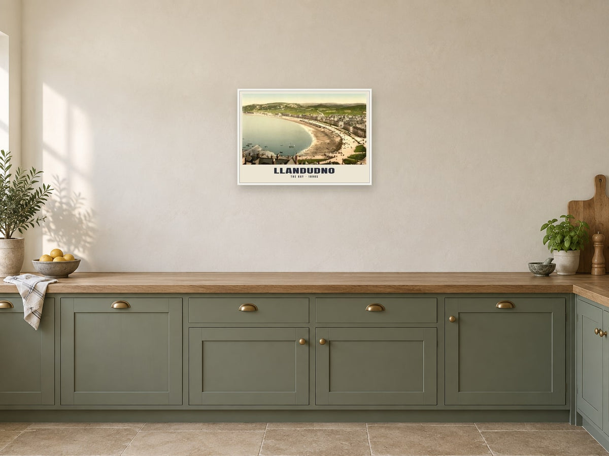 The Bay, Llandudno Poster at A2, in a white frame, in a kitchen