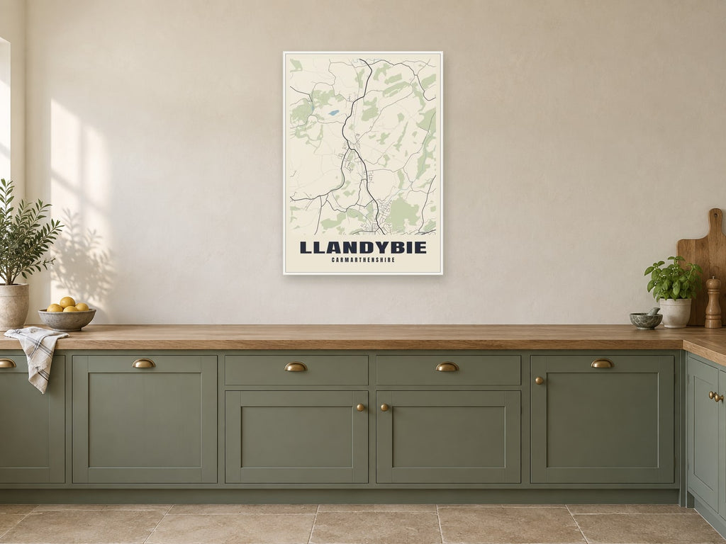 Llandybie Street Map Poster at A1, in a white frame, in a kitchen