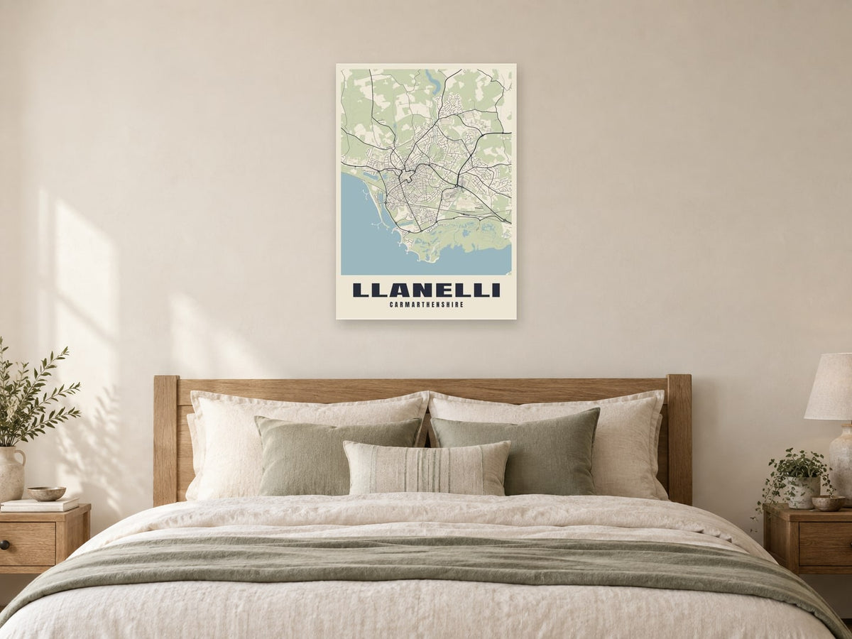 Llanelli Street Map Poster at A1, as a poster, above a bed