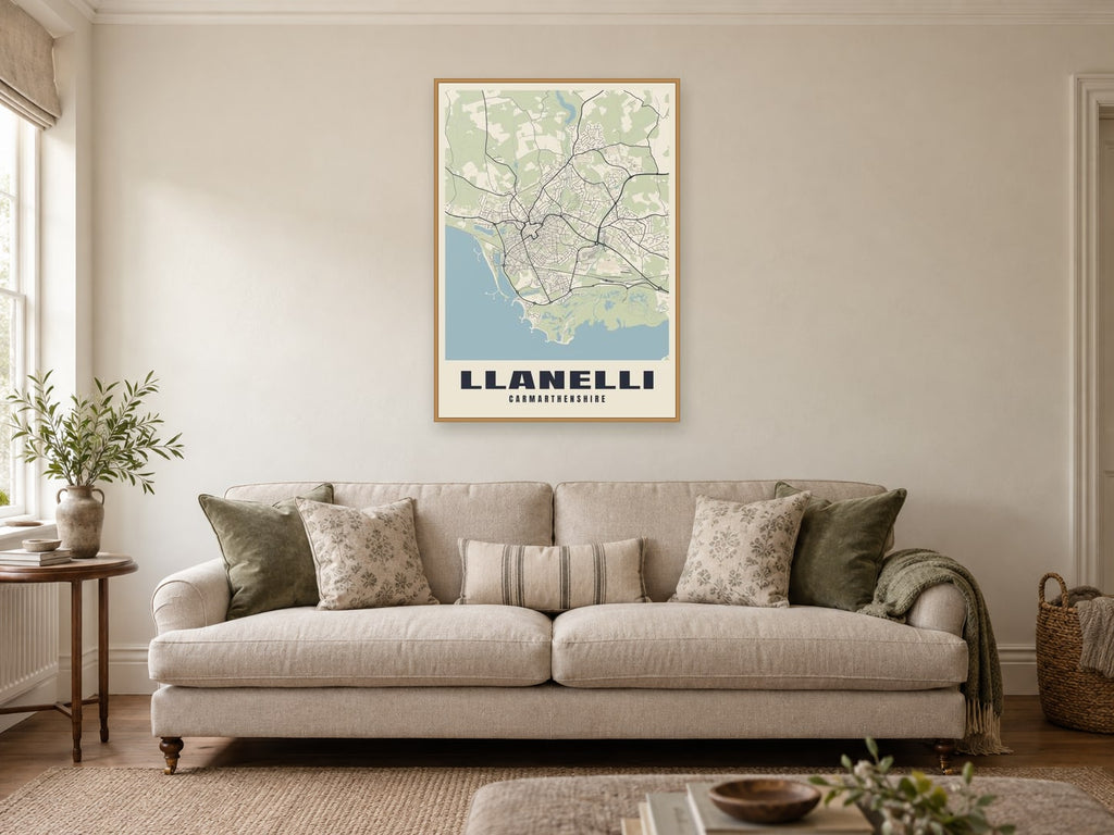 Llanelli Street Map Poster at A1, in a natural wood frame, in a sitting room