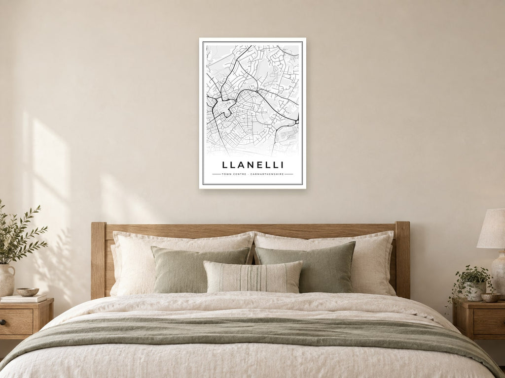Llanelli Town Centre Street Map Poster at A1, as a poster, above a bed