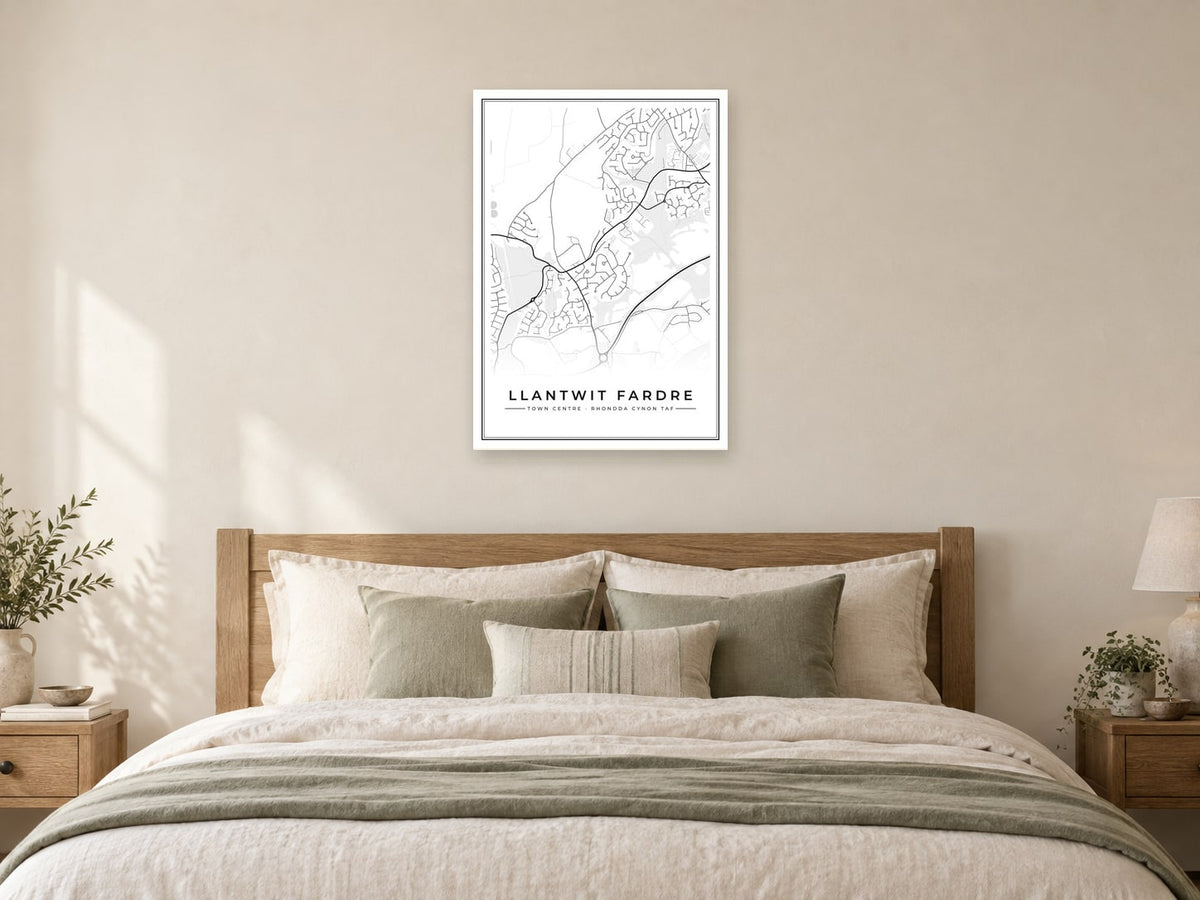 Llantwit Fardre Town Centre Street Map Poster at A1, as a poster, above a bed