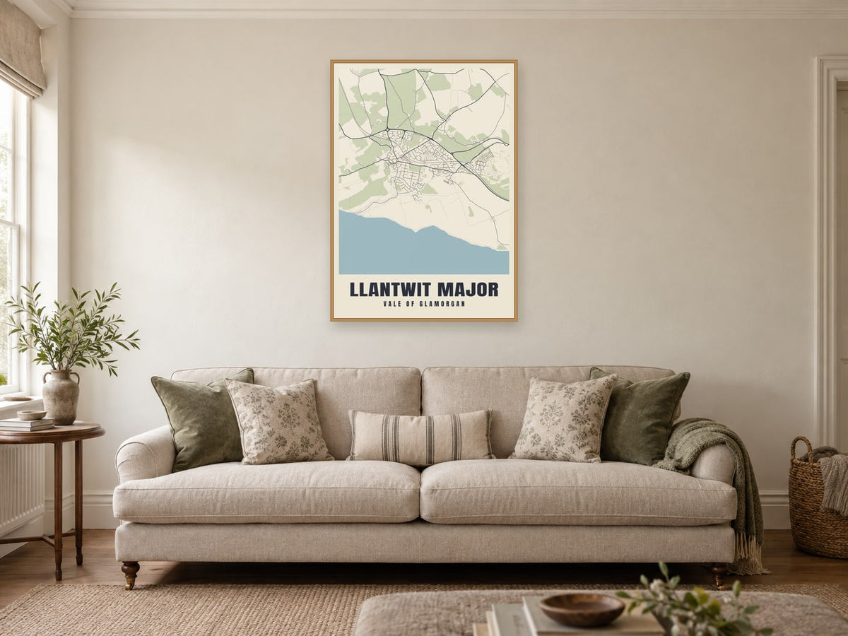 Llantwit Major Street Map Poster at A1, in a natural wood frame, in a sitting room
