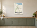 Loftus Street Map Poster at A1, in a white frame, in a kitchen