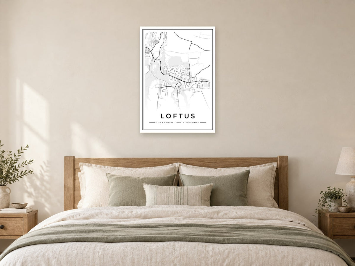 Loftus Town Centre Street Map Poster at A1, as a poster, above a bed