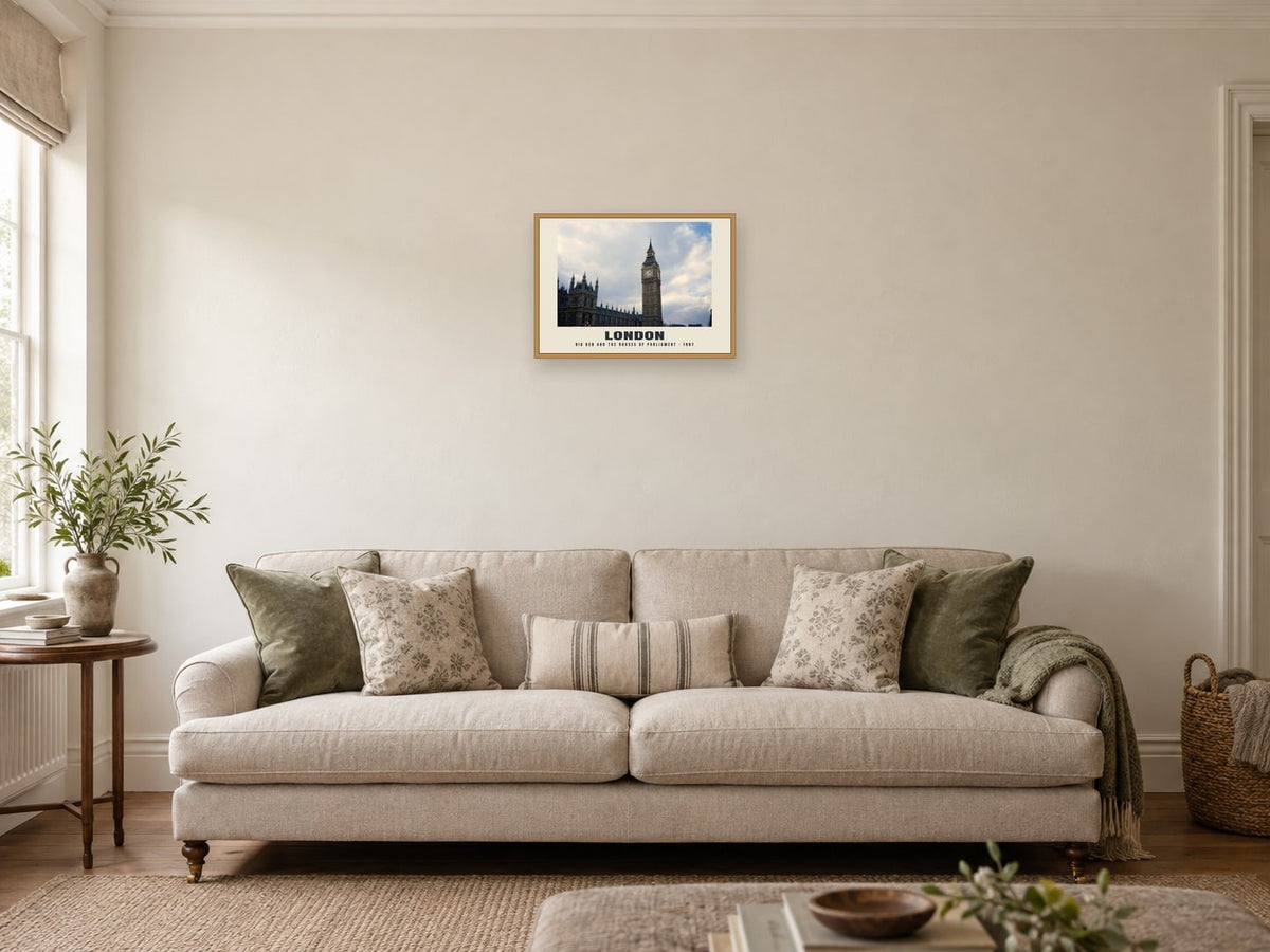 Big Ben and the Houses of Parliament, London, 1987 Heritage Print at A3, in a natural wood frame, in a sitting room