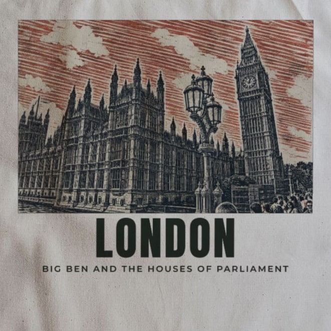 Close-up of the Big Ben and the Houses of Parliament, London drawing and lettering printed on natural cotton