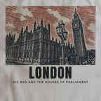 Close-up of the Big Ben and the Houses of Parliament, London drawing and lettering printed on natural cotton