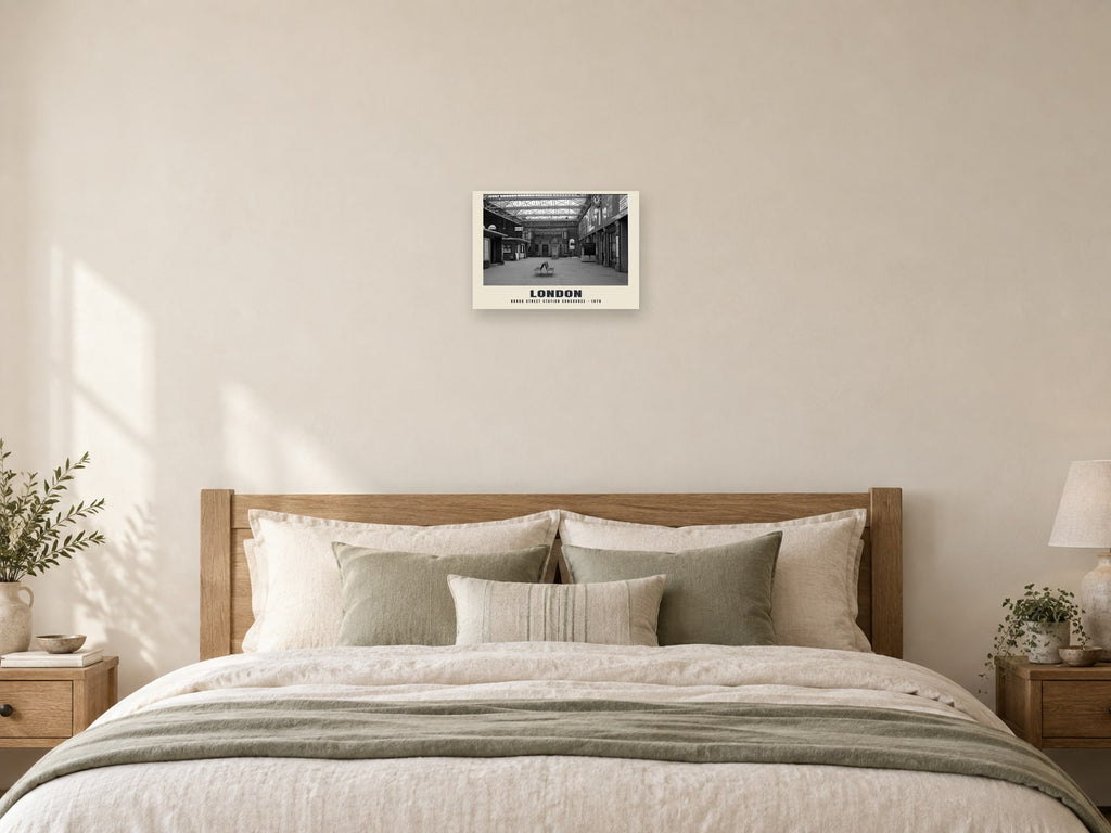 Broad Street station concourse, London, 1970 Heritage Print at A3, as a poster, above a bed