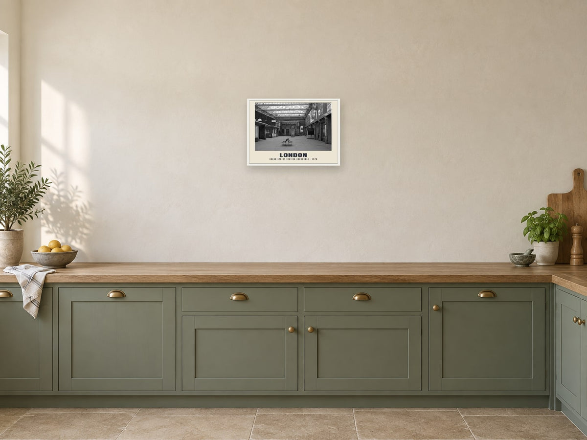 Broad Street station concourse, London, 1970 Heritage Print at A3, in a white frame, in a kitchen