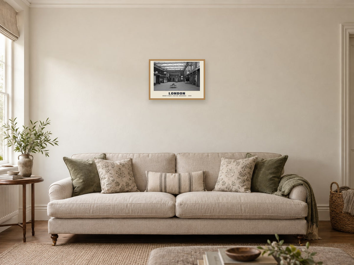Broad Street station concourse, London, 1970 Heritage Print at A3, in a natural wood frame, in a sitting room