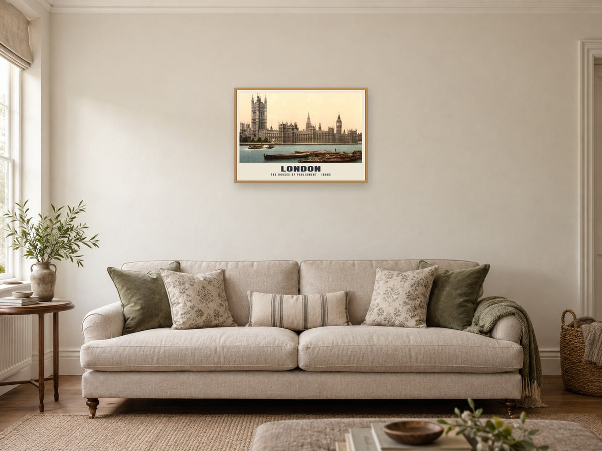 The Houses of Parliament, London Poster at A2, in a natural wood frame, in a sitting room