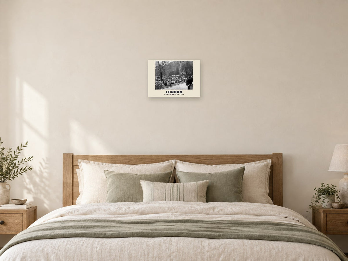 Lincoln’s Inn Fields, London, 1975 Heritage Print at A3, as a poster, above a bed