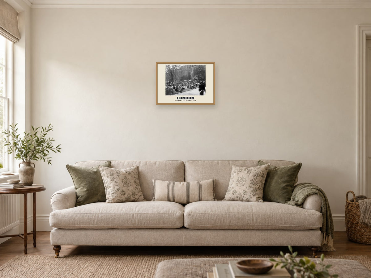 Lincoln’s Inn Fields, London, 1975 Heritage Print at A3, in a natural wood frame, in a sitting room