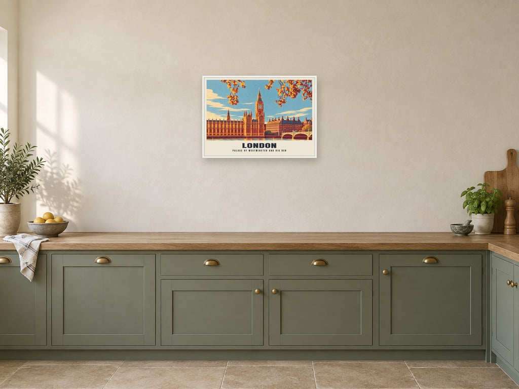 Palace of Westminster and Big Ben, London Retro Railway Poster at A2, in a white frame, in a kitchen