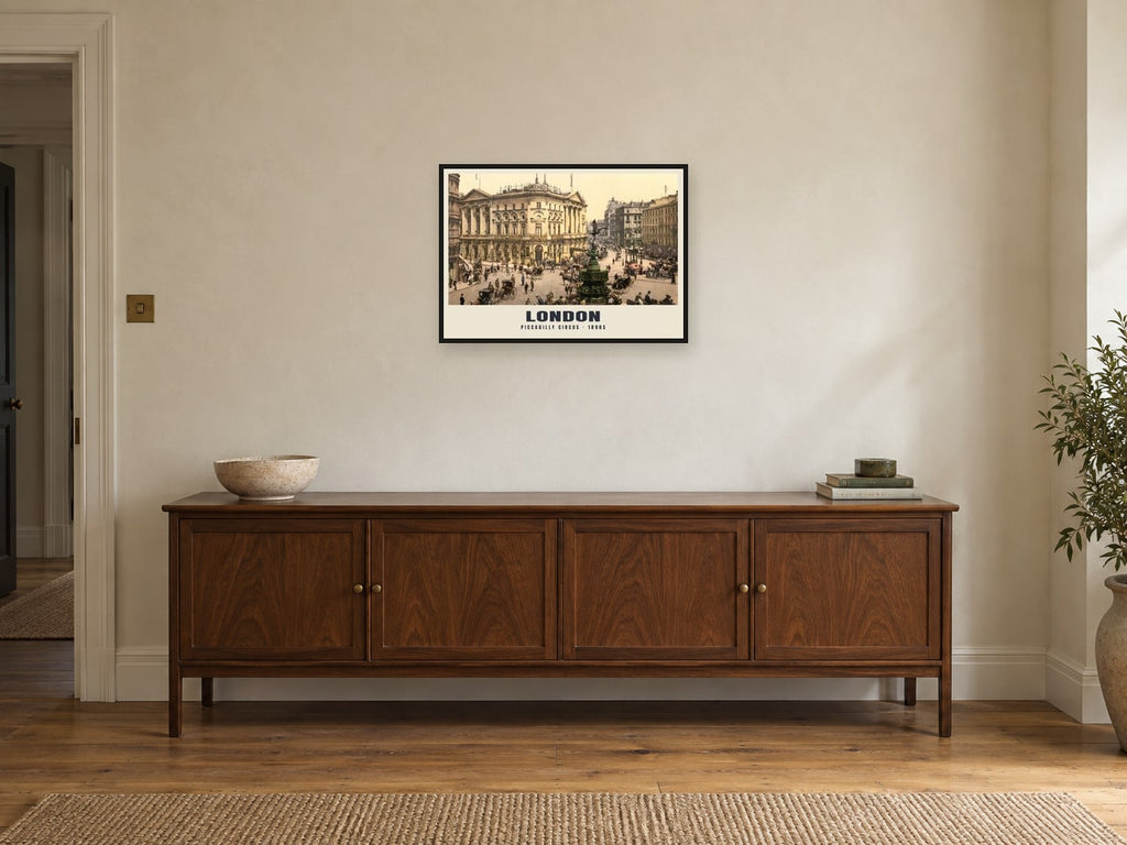 Piccadilly Circus, London Poster at A2, in a black frame, above a sideboard