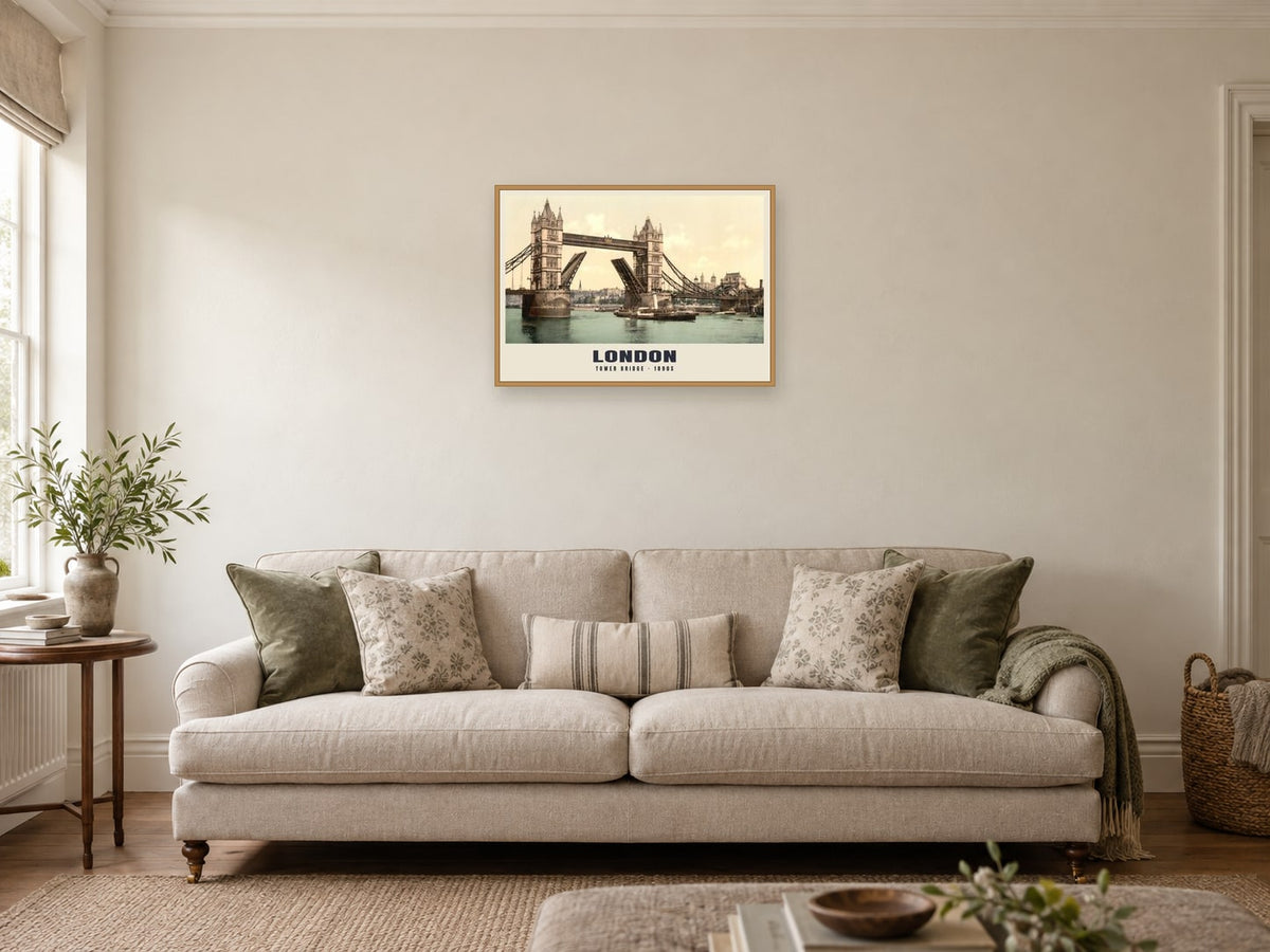 Tower Bridge, London, 1890s Heritage Print at A2, in a natural wood frame, in a sitting room