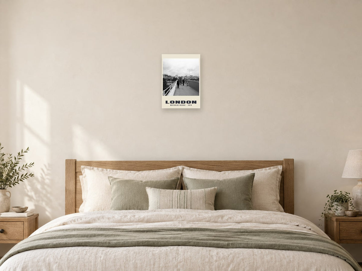 Waterloo Bridge, London, 1974 Heritage Print at A3, as a poster, above a bed