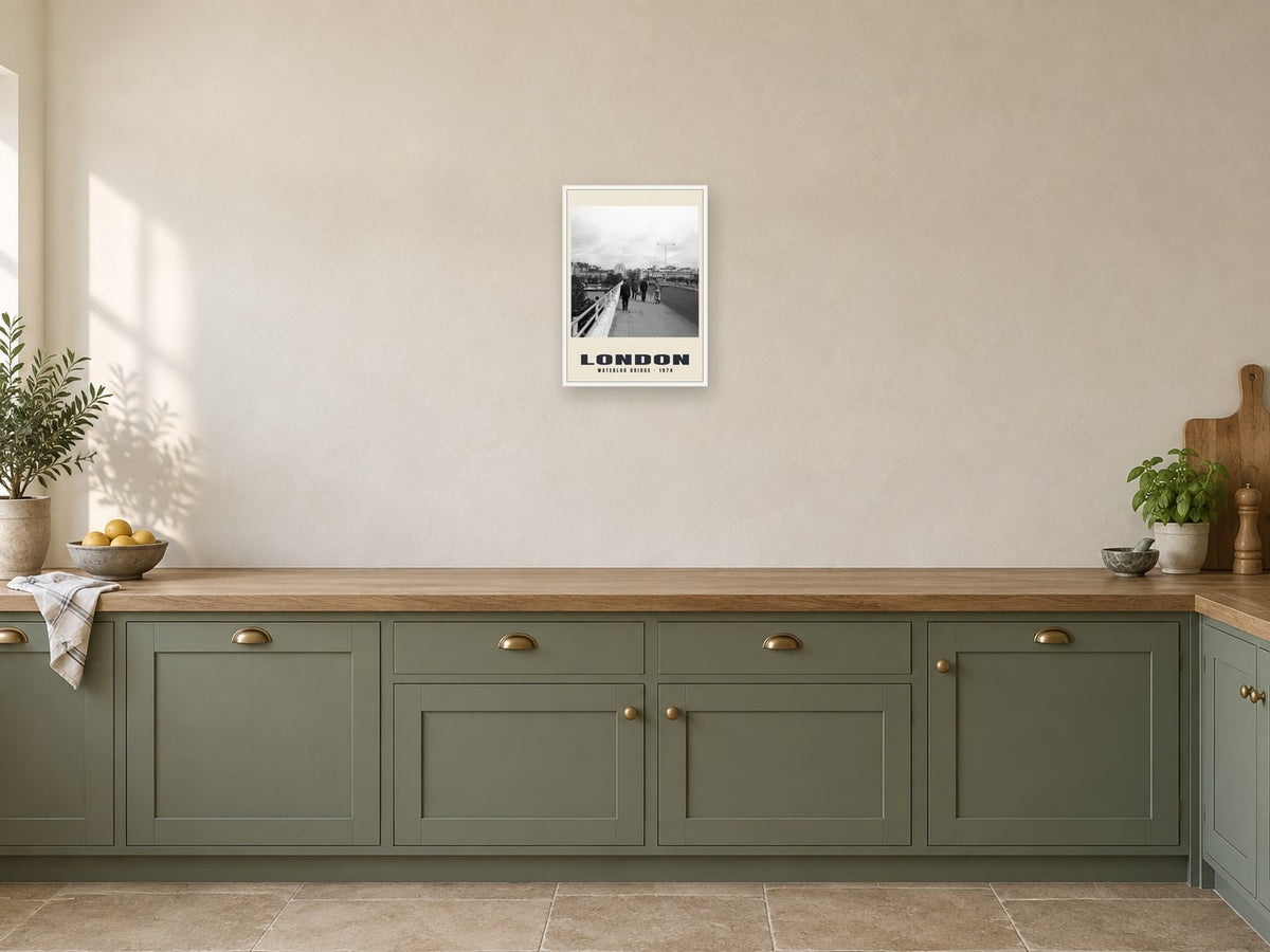 Waterloo Bridge, London, 1974 Heritage Print at A3, in a white frame, in a kitchen