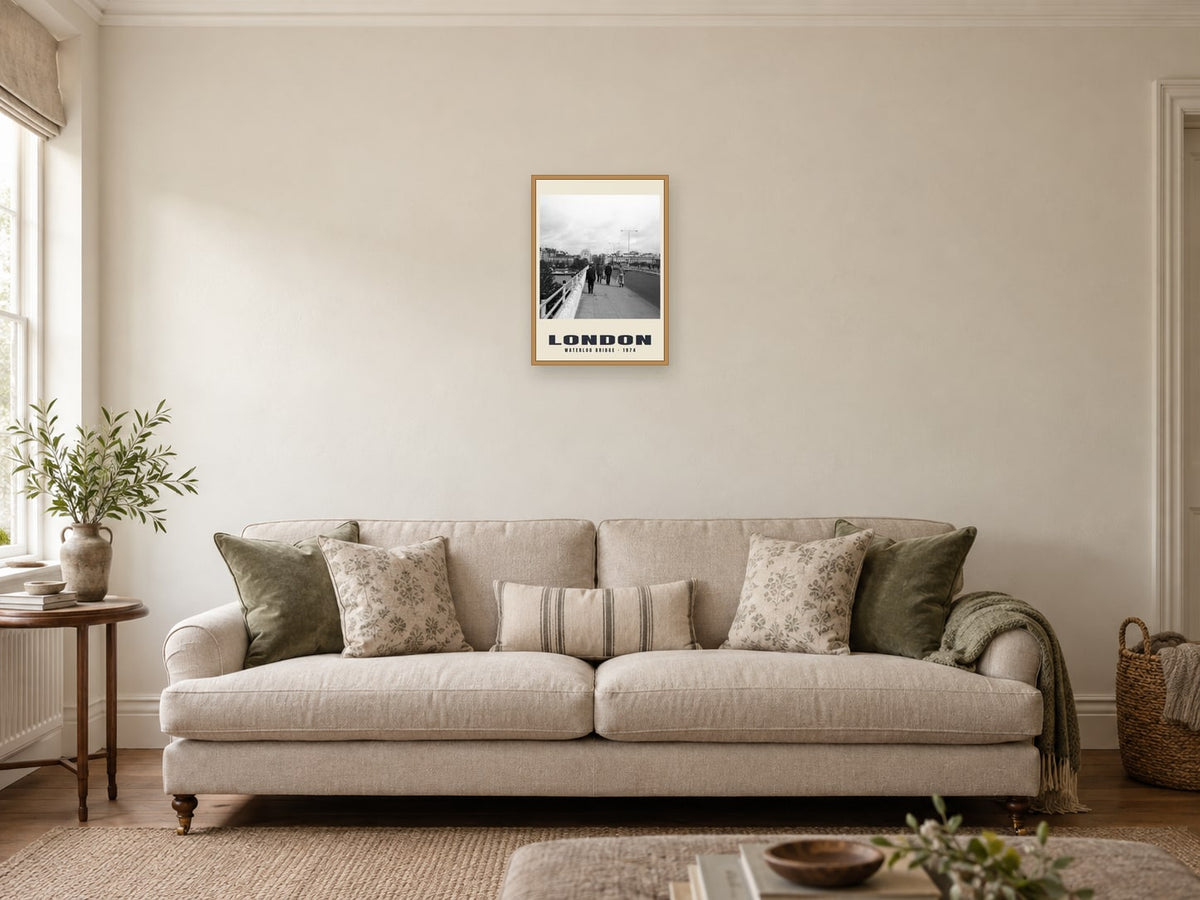 Waterloo Bridge, London, 1974 Heritage Print at A3, in a natural wood frame, in a sitting room