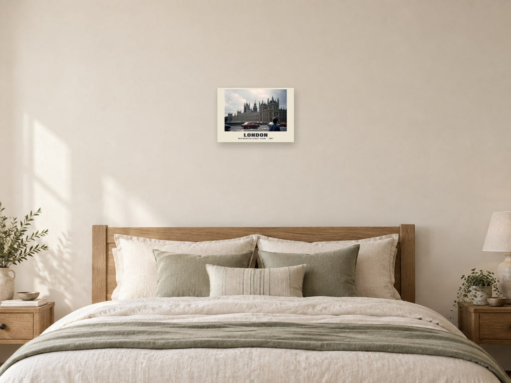 Westminster street scene, London, 1987 Heritage Print at A3, as a poster, above a bed