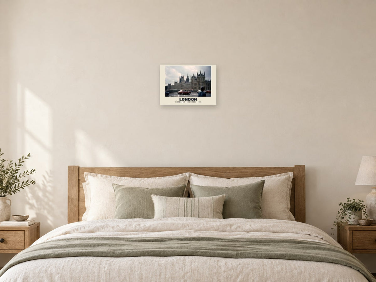 Westminster street scene, London, 1987 Heritage Print at A3, as a poster, above a bed