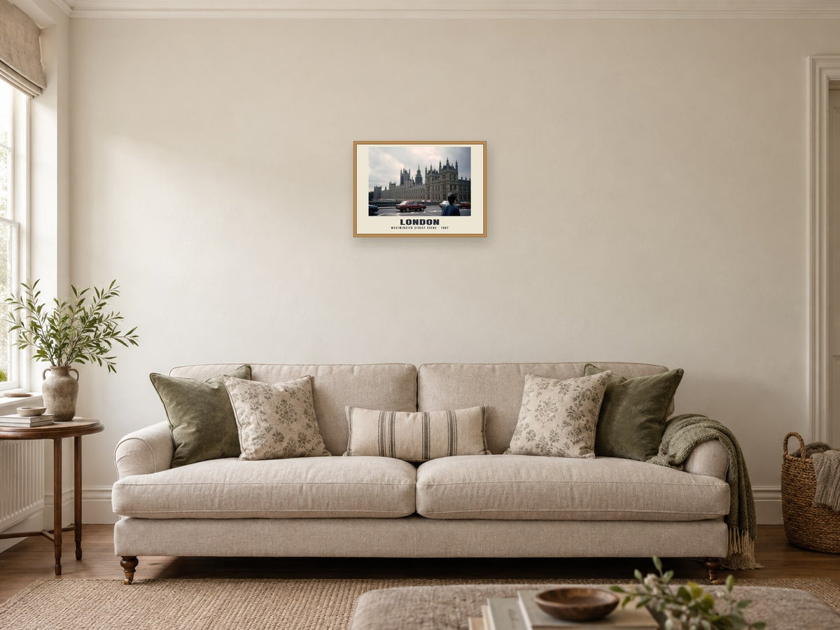 Westminster street scene, London, 1987 Heritage Print at A3, in a natural wood frame, in a sitting room