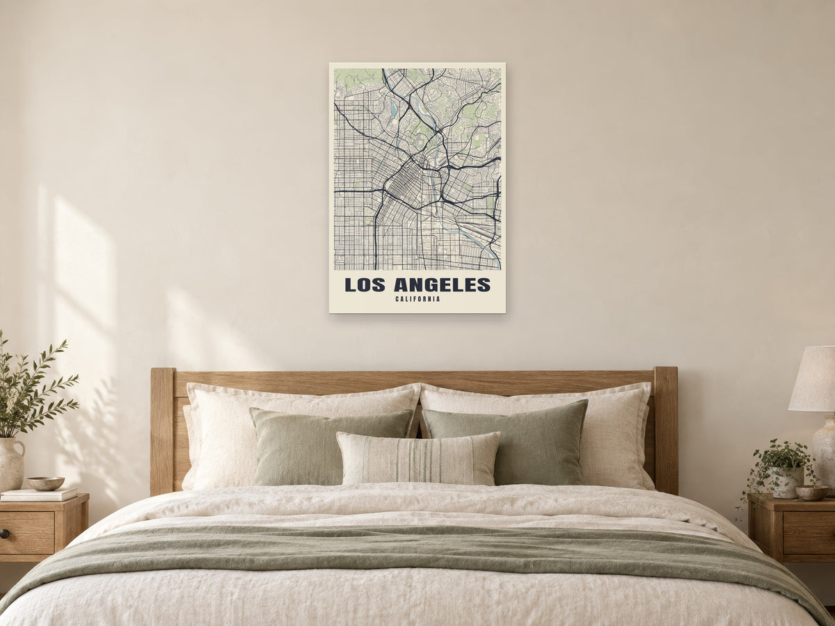 Los Angeles Street Map Poster at A1, as a poster, above a bed