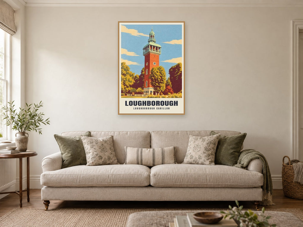 Loughborough Carillon Poster at A1, in a natural wood frame, in a sitting room