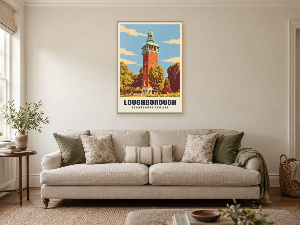 Loughborough Carillon Poster at A1, in a natural wood frame, in a sitting room
