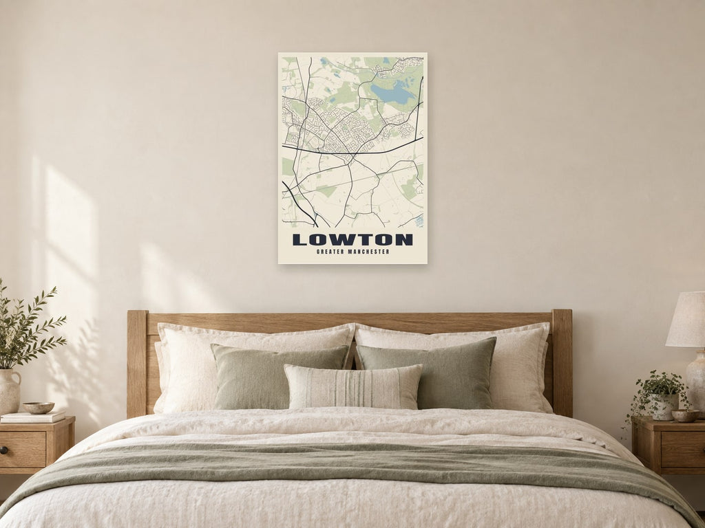 Lowton Street Map Poster at A1, as a poster, above a bed