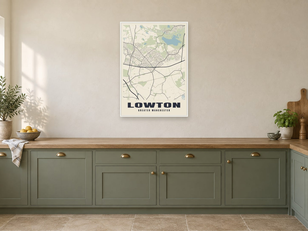 Lowton Street Map Poster at A1, in a white frame, in a kitchen