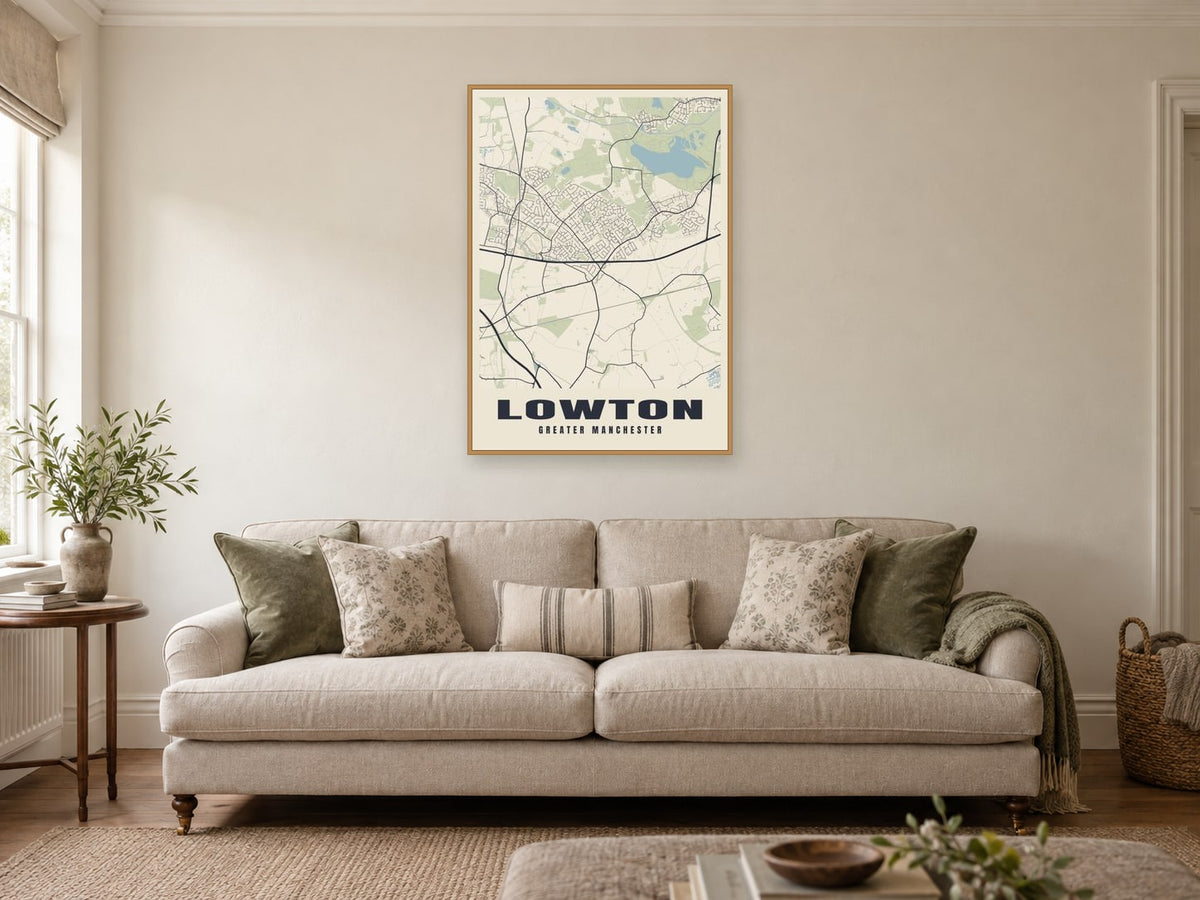 Lowton Street Map Poster at A1, in a natural wood frame, in a sitting room